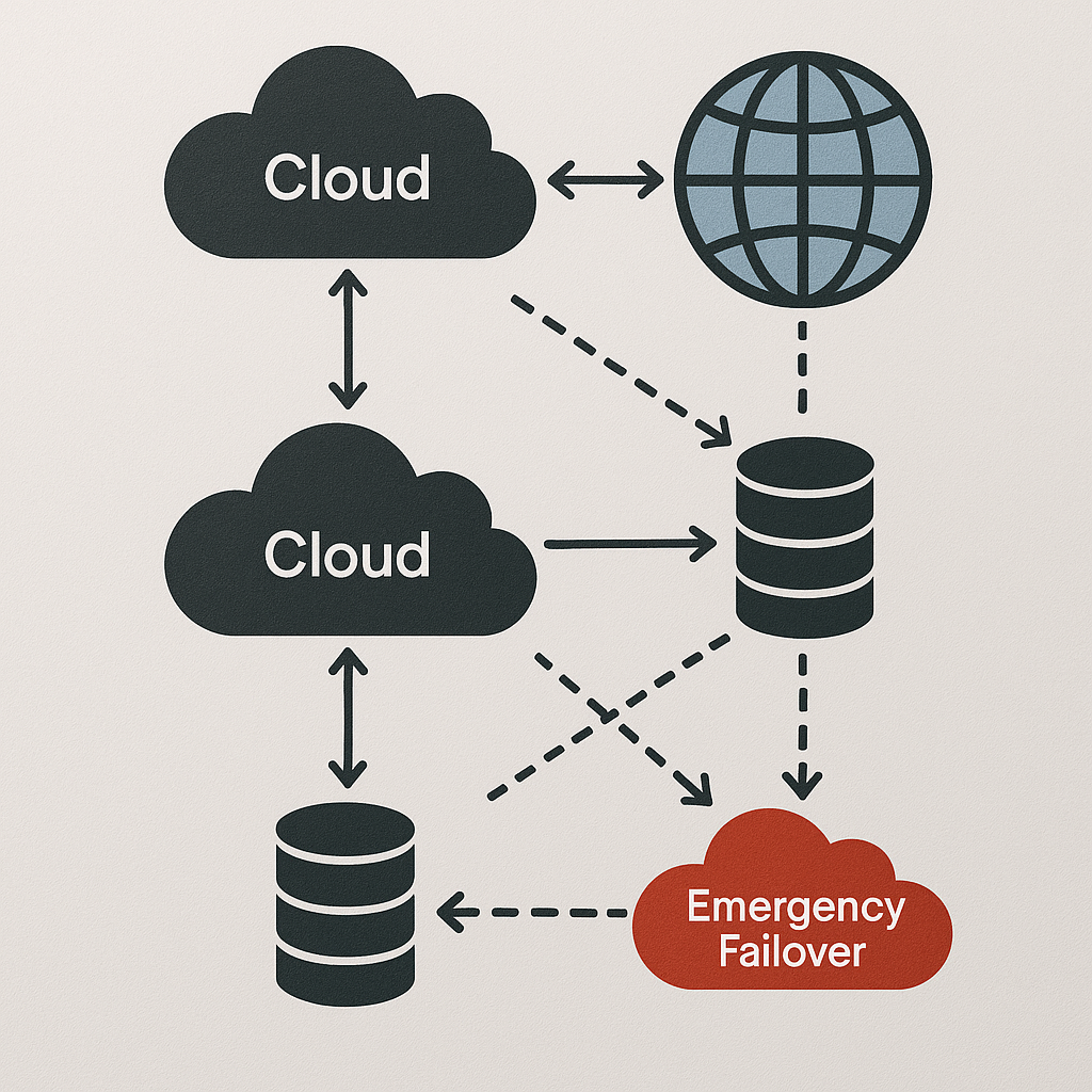 A network diagram showing emergency failover protocols for cloud infrastructure