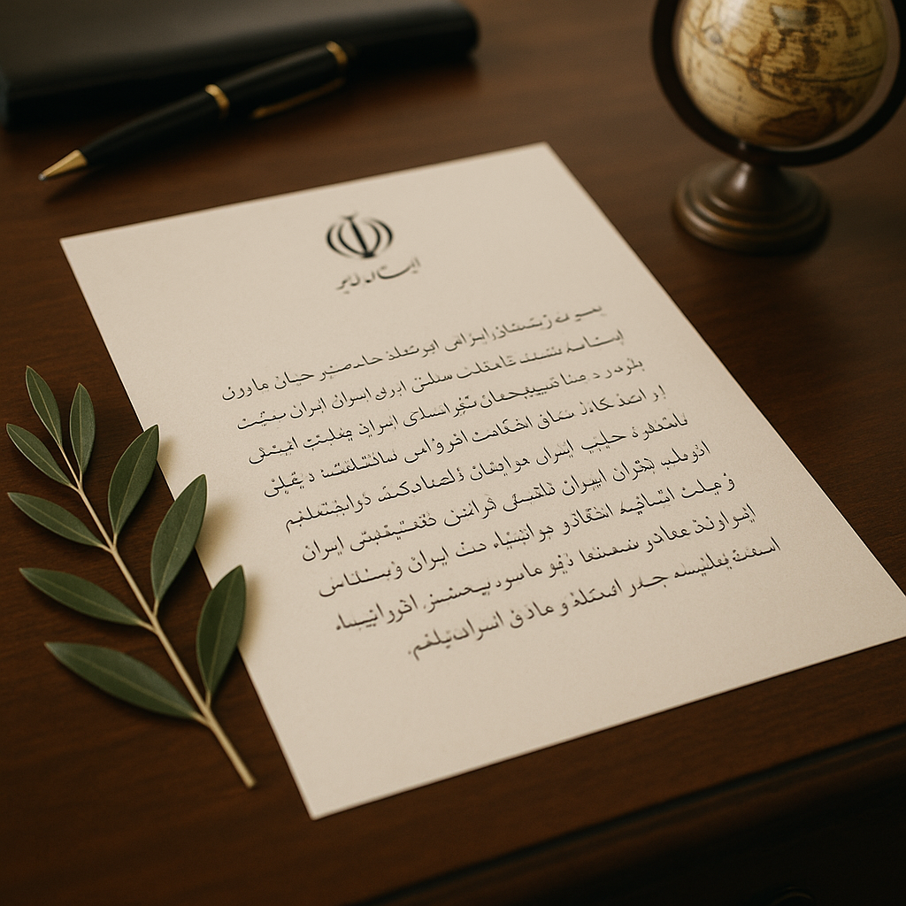 A diplomatic letter in Persian script on an elegant desk with symbolic items like an olive branch