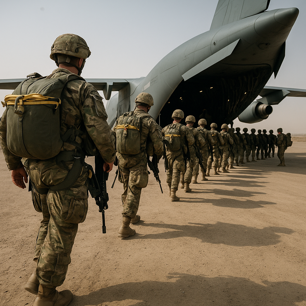 U.S. paratroopers boarding a military plane on a desert airfield
