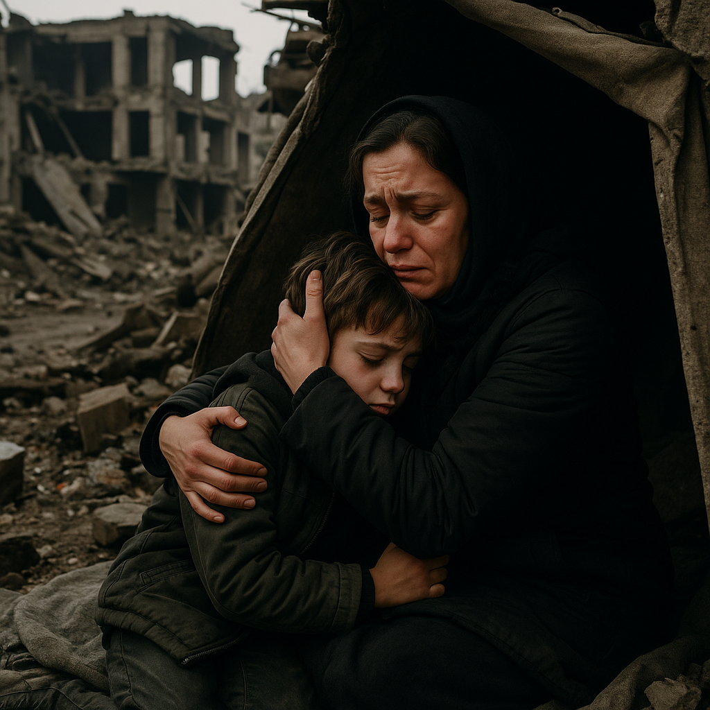 A distraught mother holding her child in a shelter amidst ruined infrastructure
