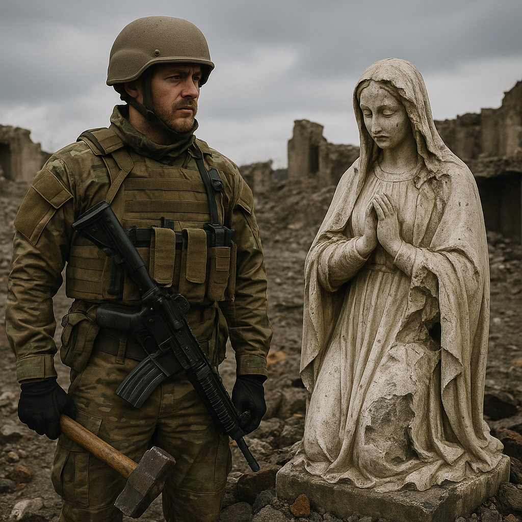 Soldier smashing religious statue in a desolate area