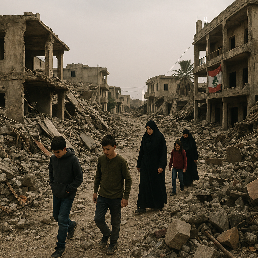 Ruins of a bombed village in southern Lebanon with displaced citizens