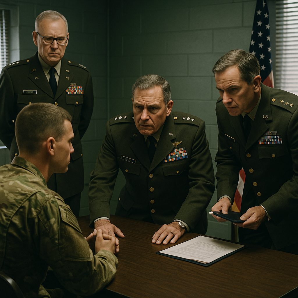 A soldier under questioning in a formal investigation setting