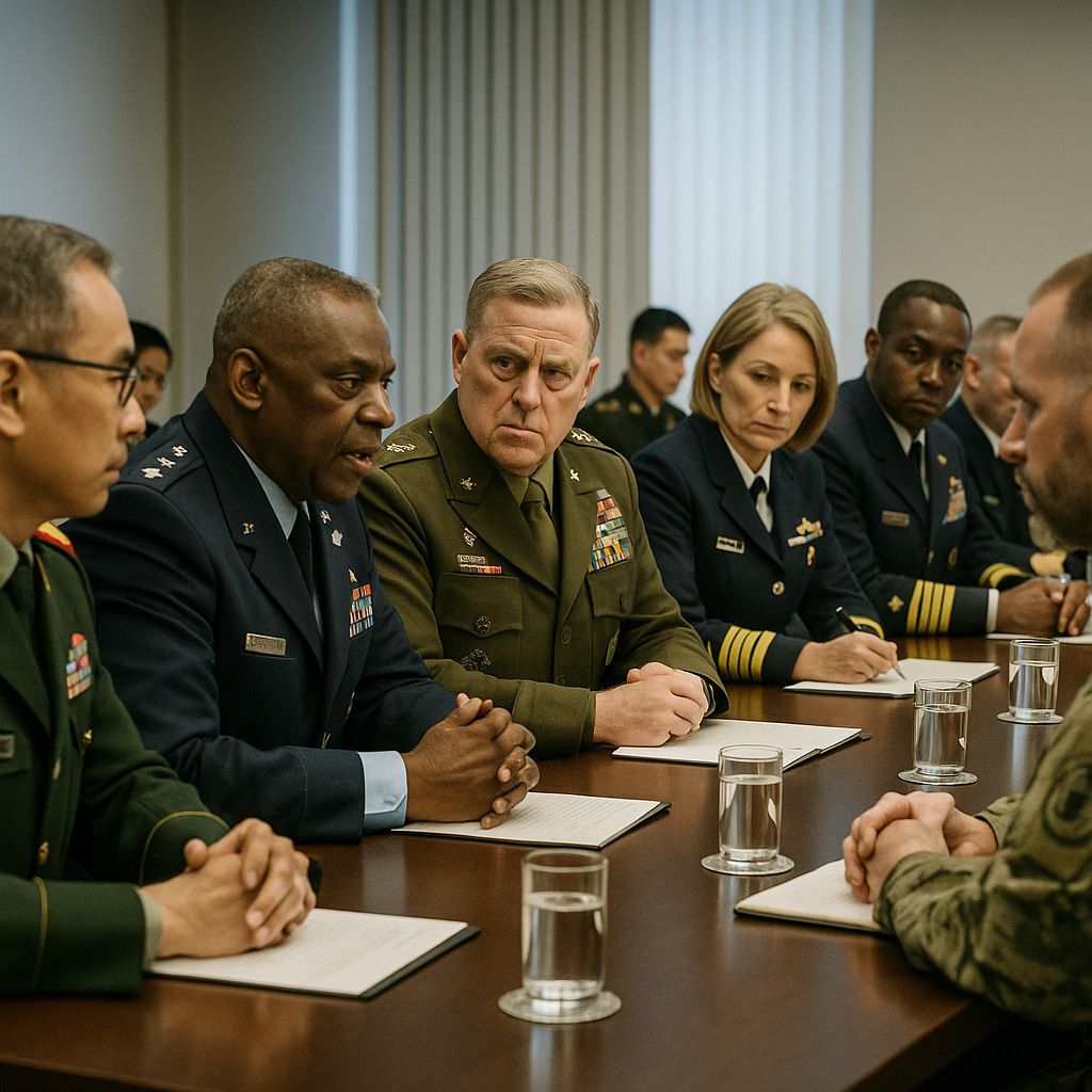 A meeting table surrounded by diverse military officials in formal attire