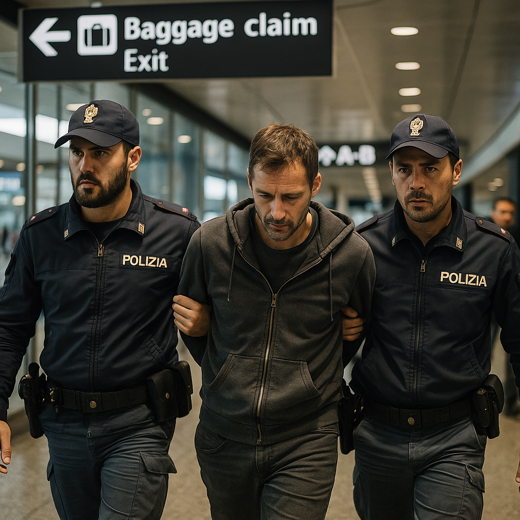 Italian police escorting a man at an airport