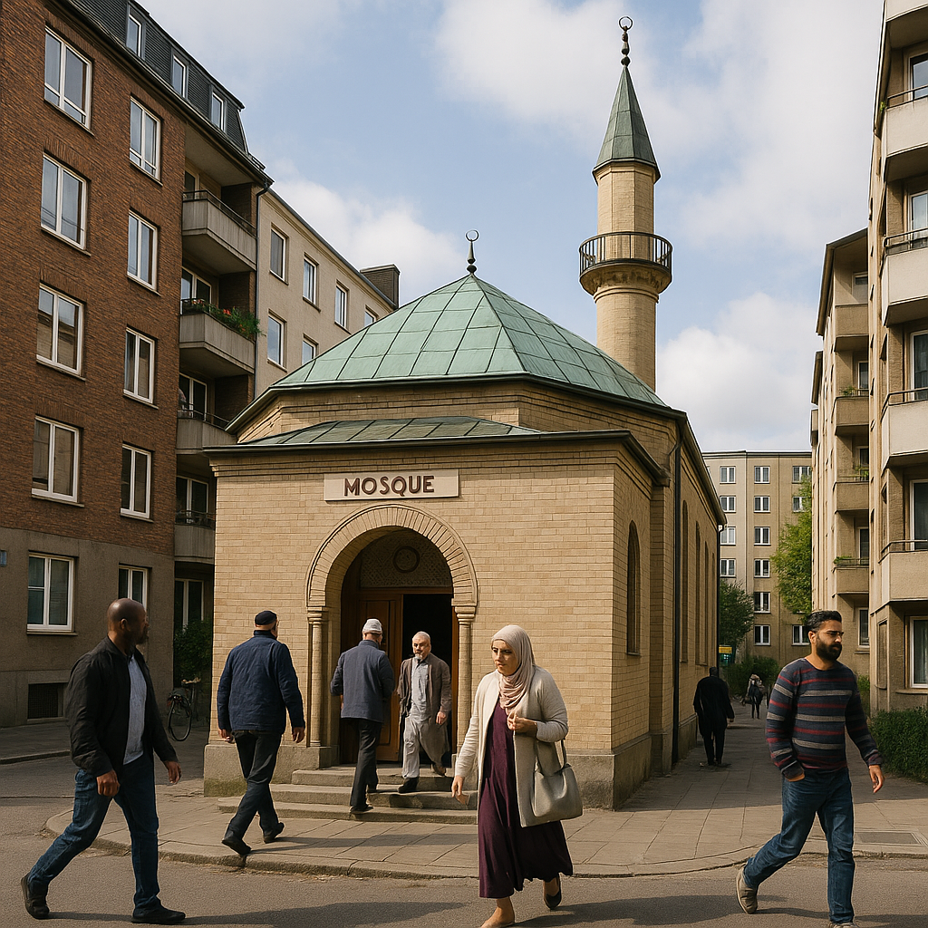 A small mosque in a European city with people entering
