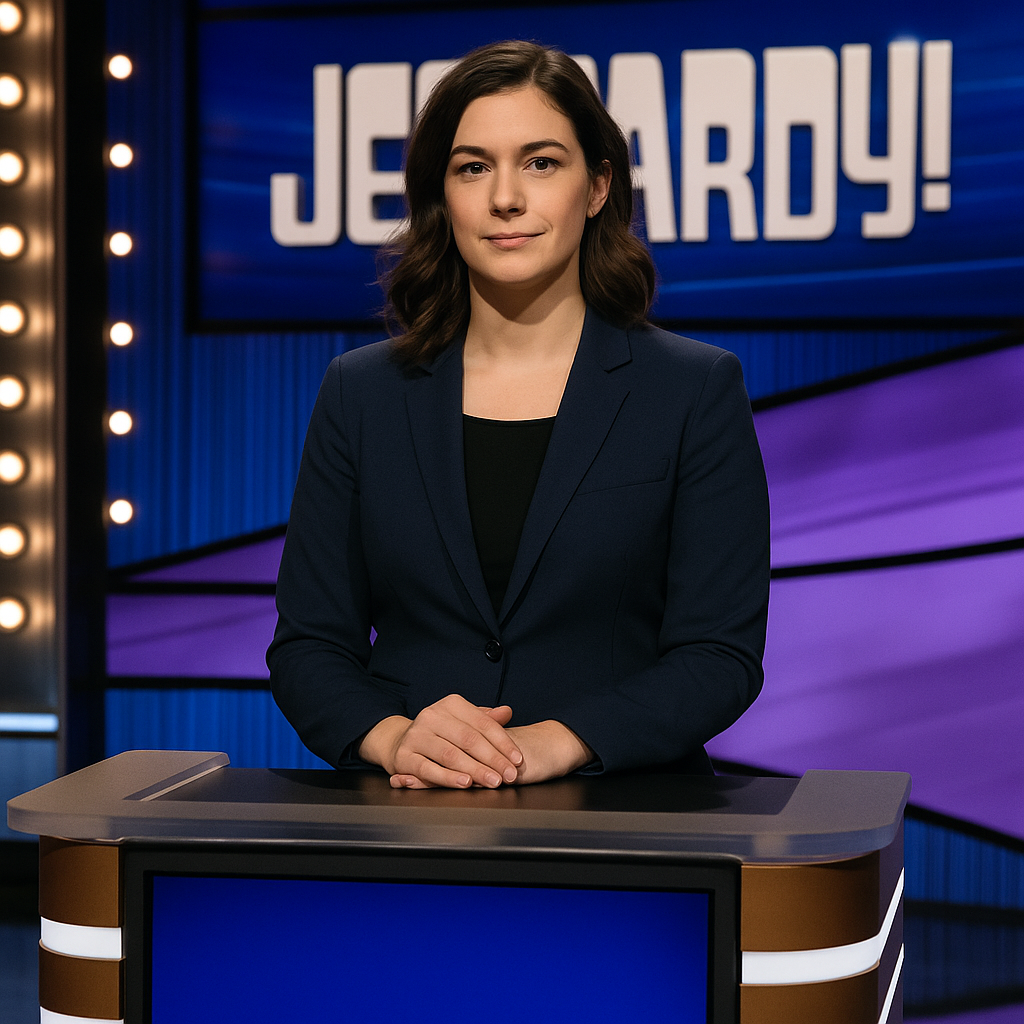 Jamie Ding at a podium during a Jeopardy broadcast