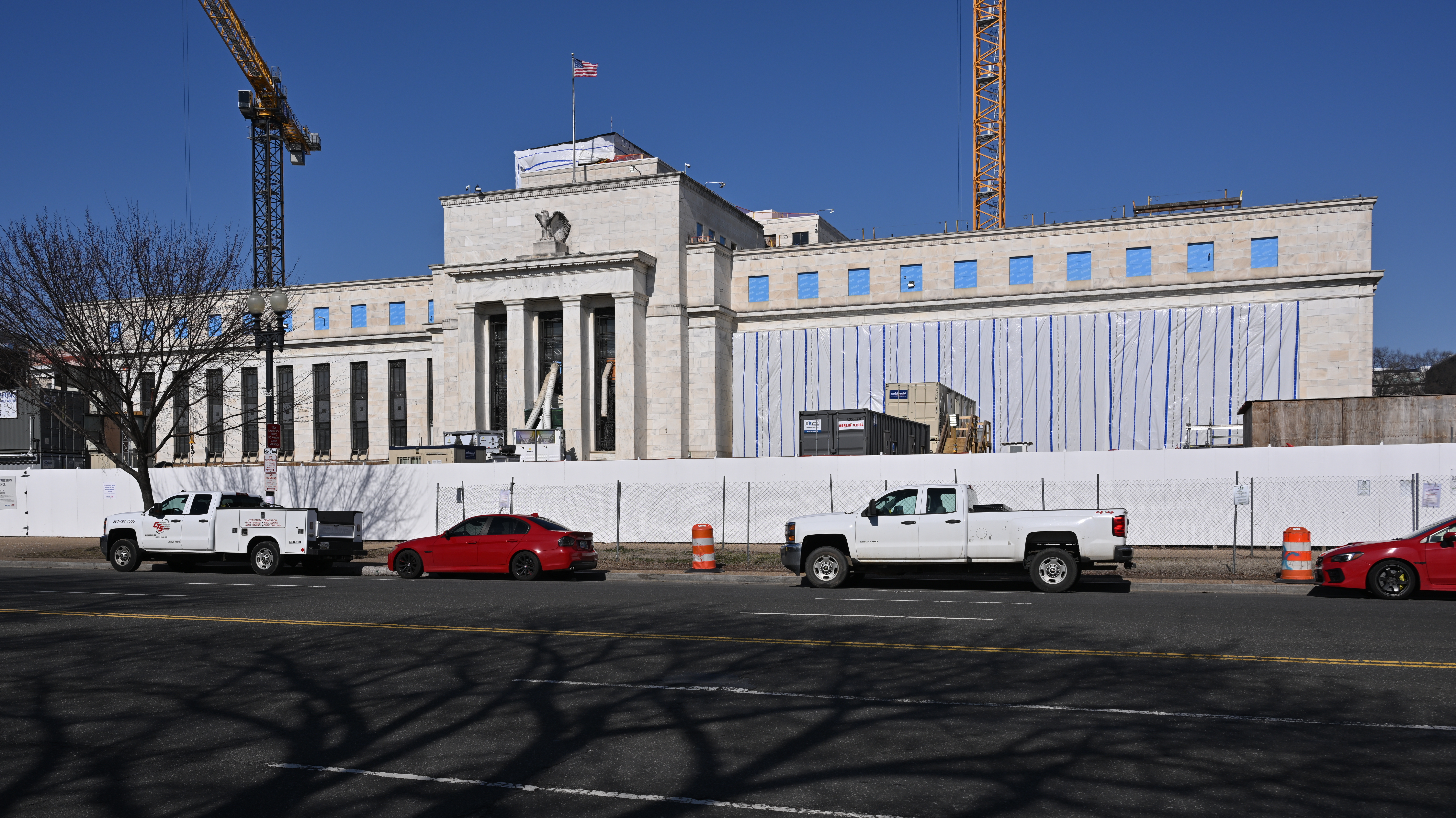 A Federal Reserve building facade under renovation
