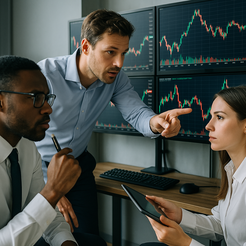 Traders analyzing stock charts on multiple monitors in a financial firm
