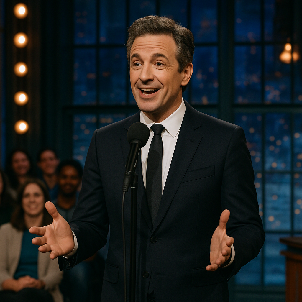 A television host standing behind a microphone delivering a monologue to a captivated studio audience