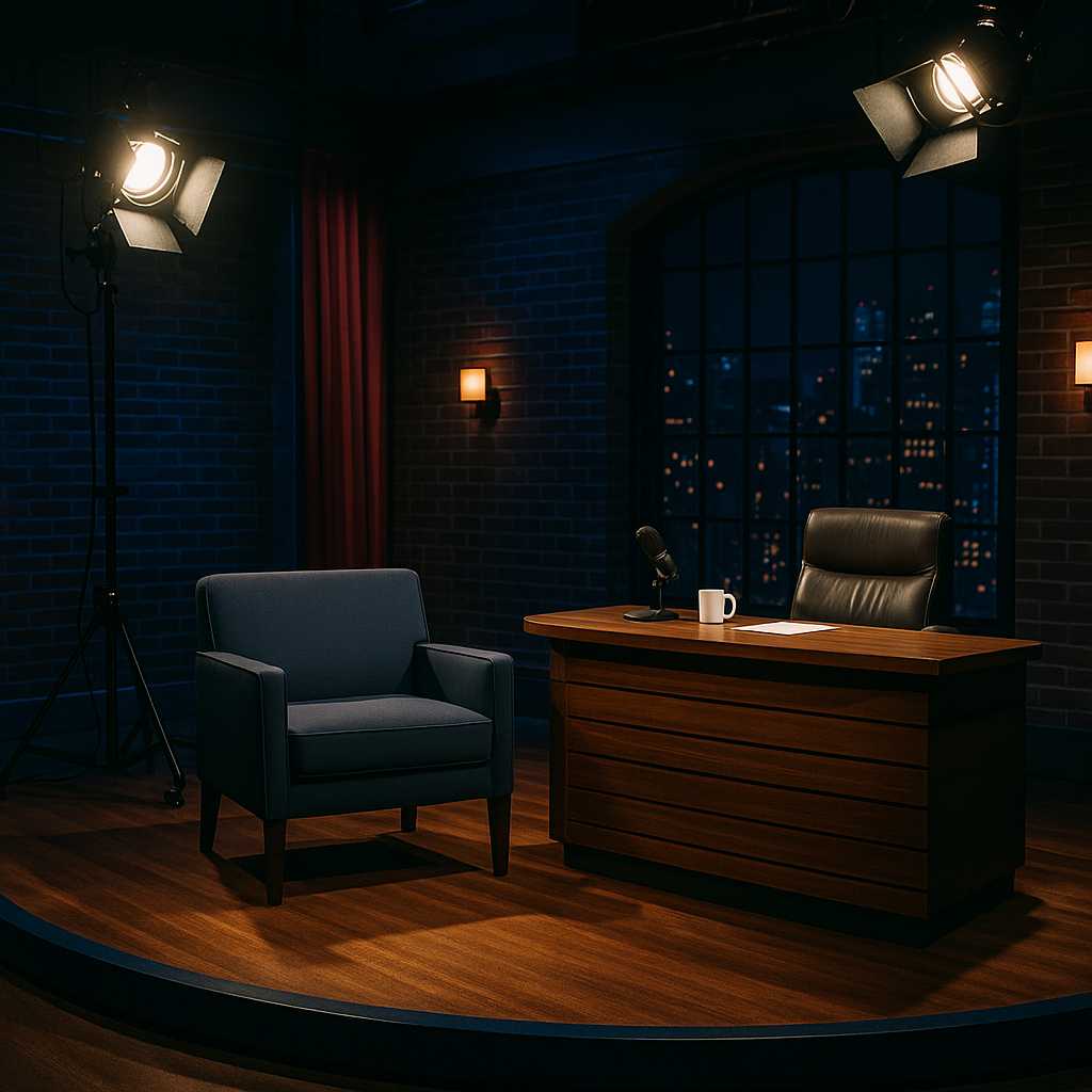 A late-night stage set with cameras, lights, and an empty guest chair under the spotlight