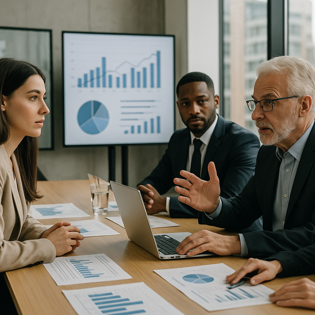 A professional formal business meeting with executives at a rectangular table discussing large papers and charts