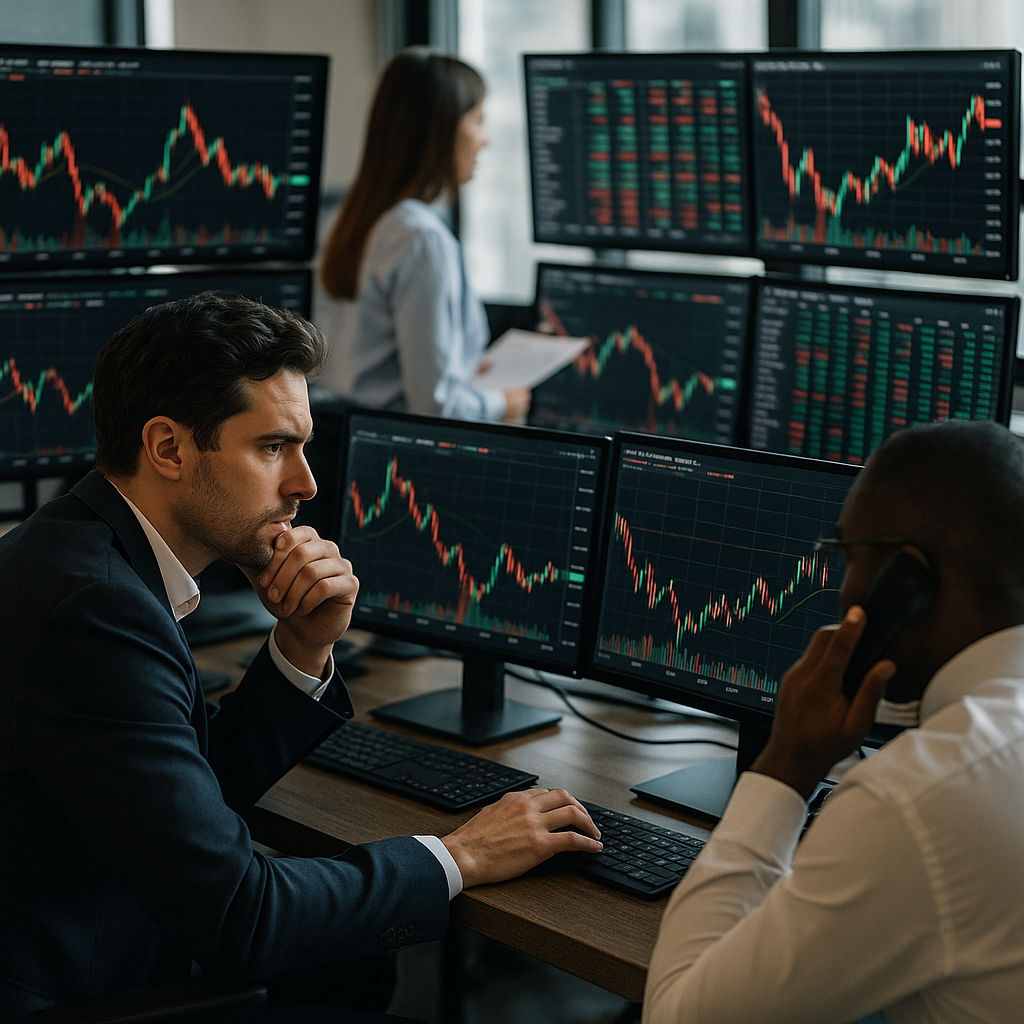 A trader analyzing stock charts on multiple monitors