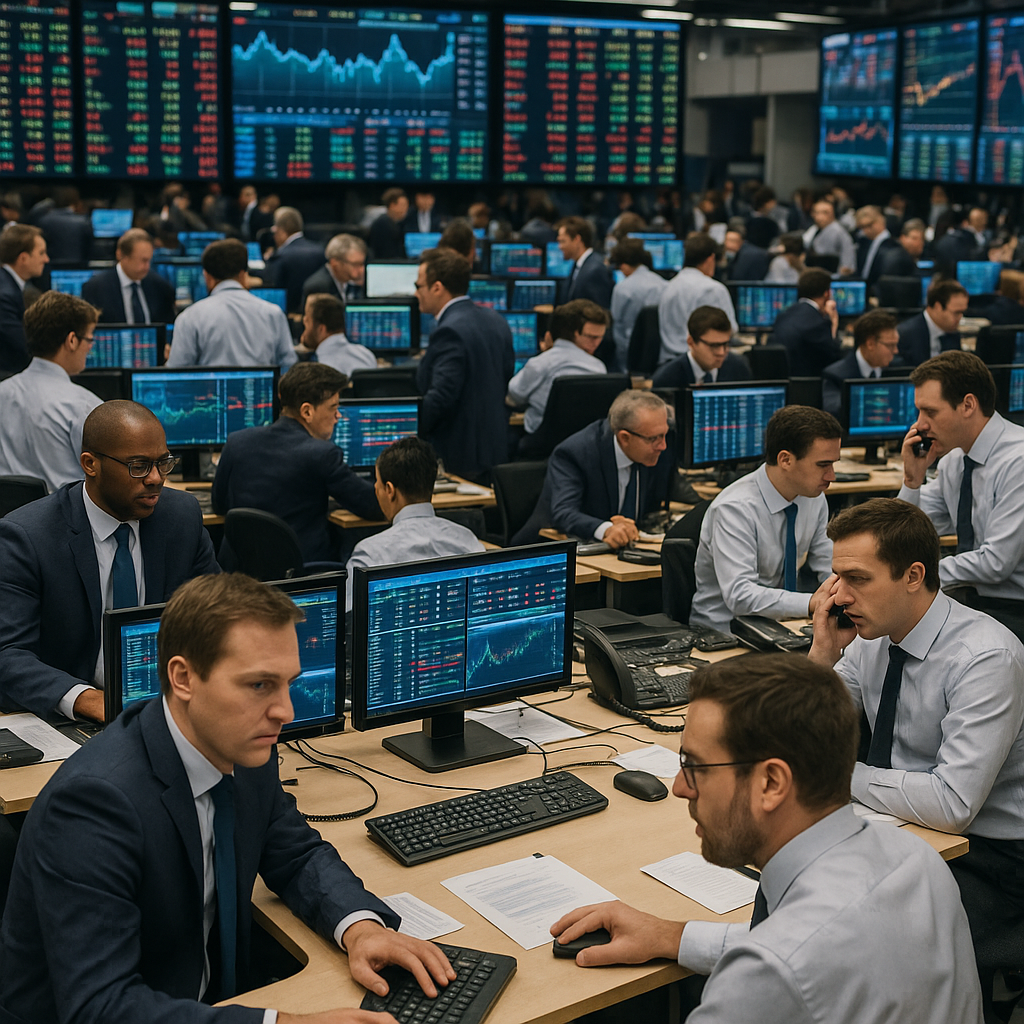 A lively stock exchange trading floor with people at their desks