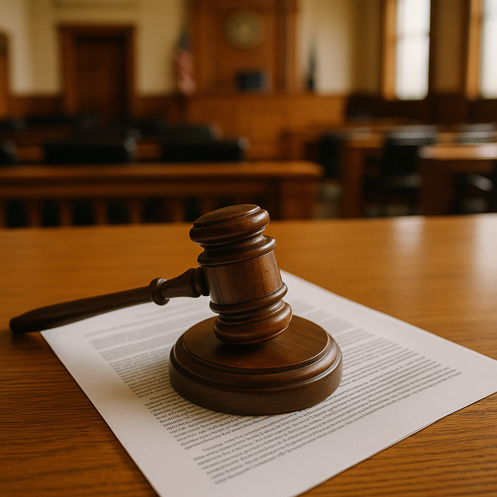 A gavel resting on a legal document in a courtroom