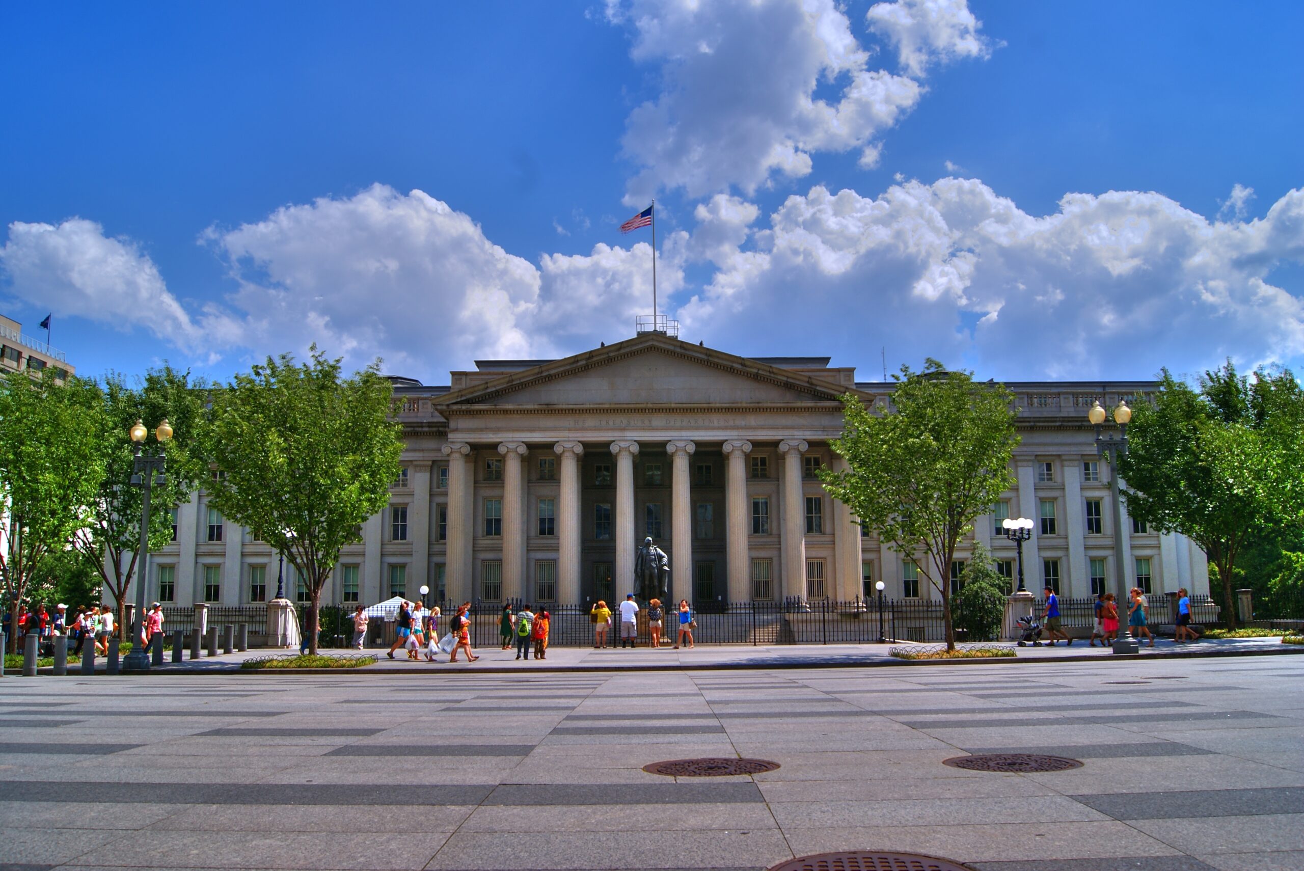 A government building with the U.S. Treasury seal prominently displayed