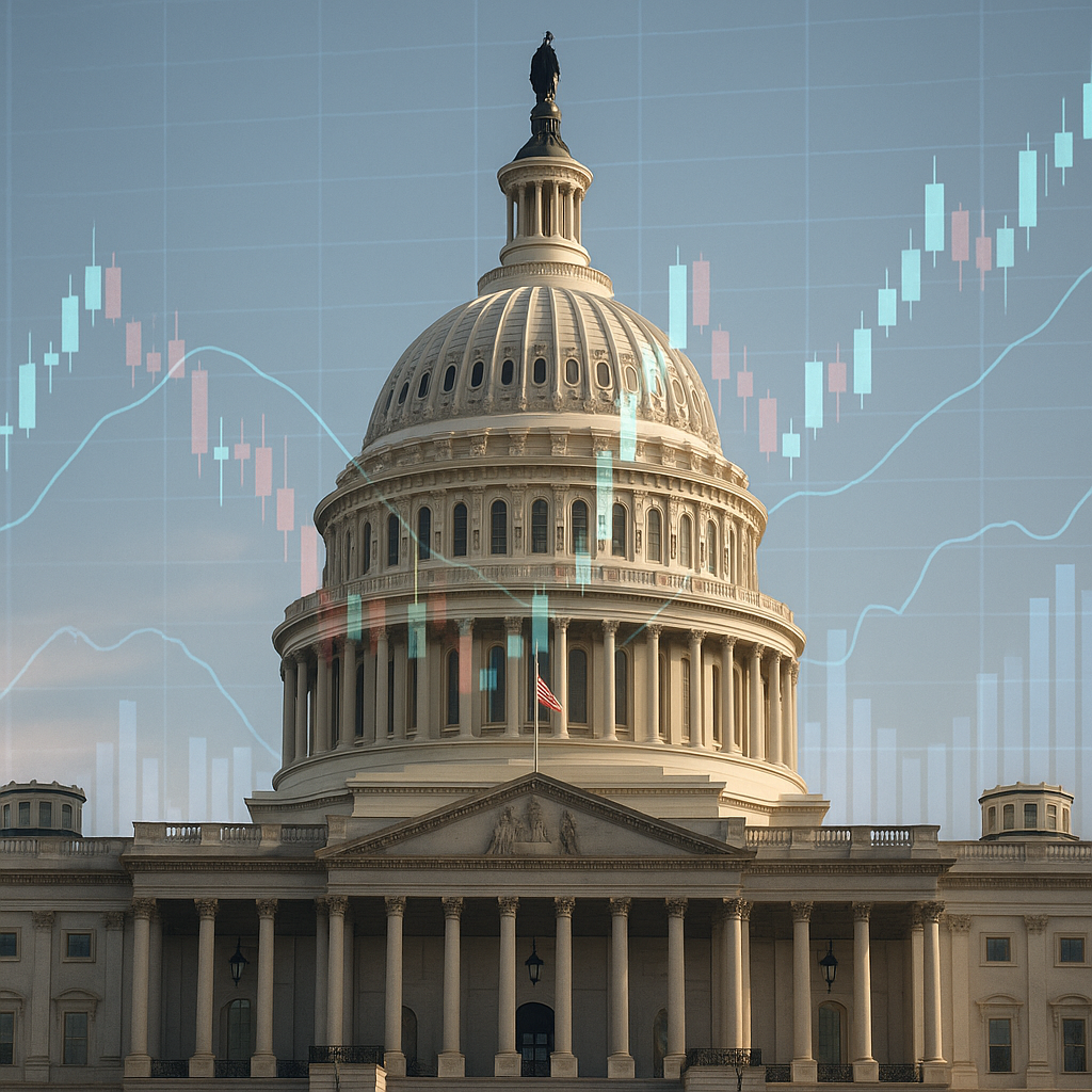 Stylized depiction of the U.S. Capitol building with stock market data superimposed