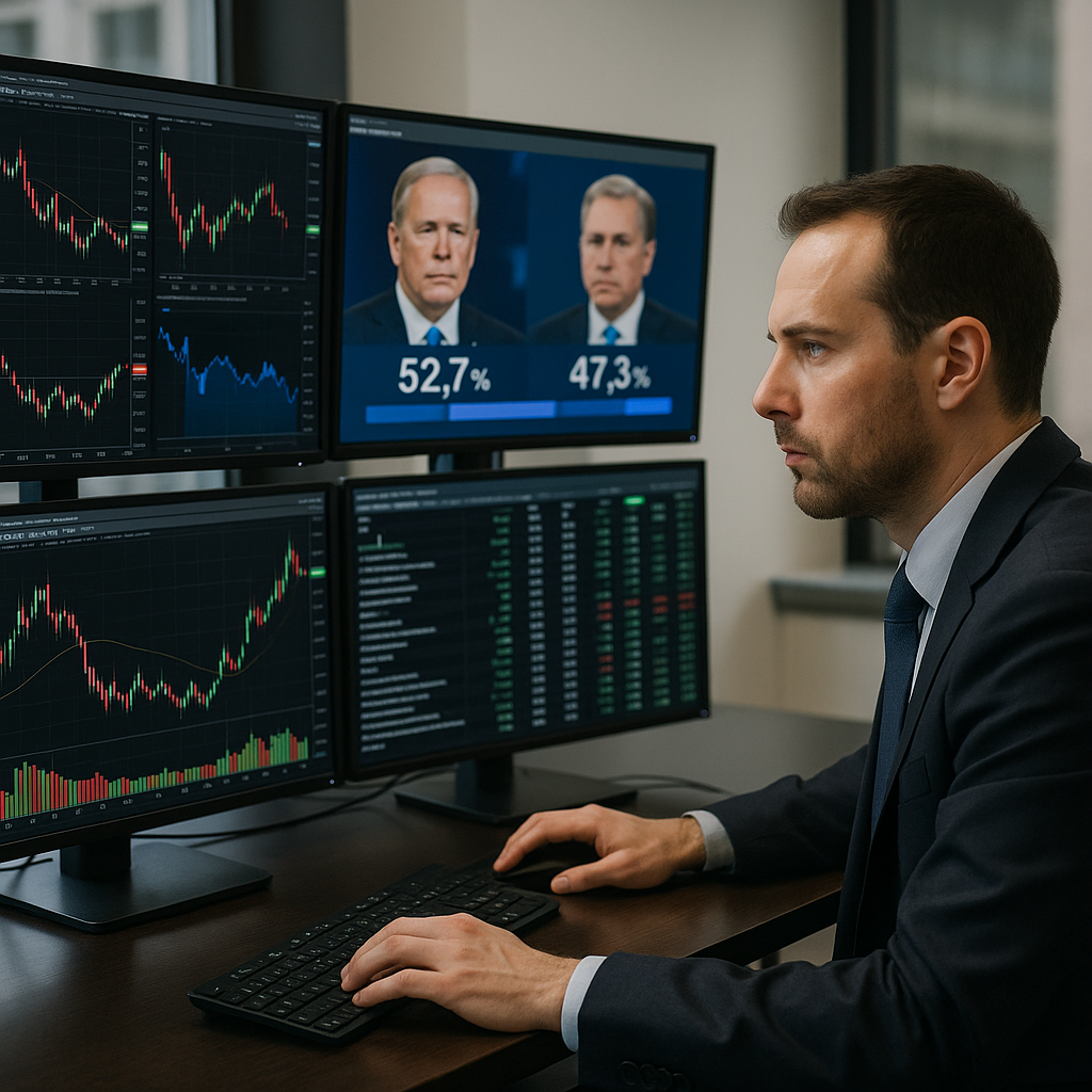 A trader analyzing stock charts on multiple monitors
