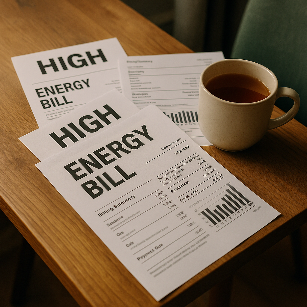 A symbolic image of high energy bills on a table next to a cup of tea