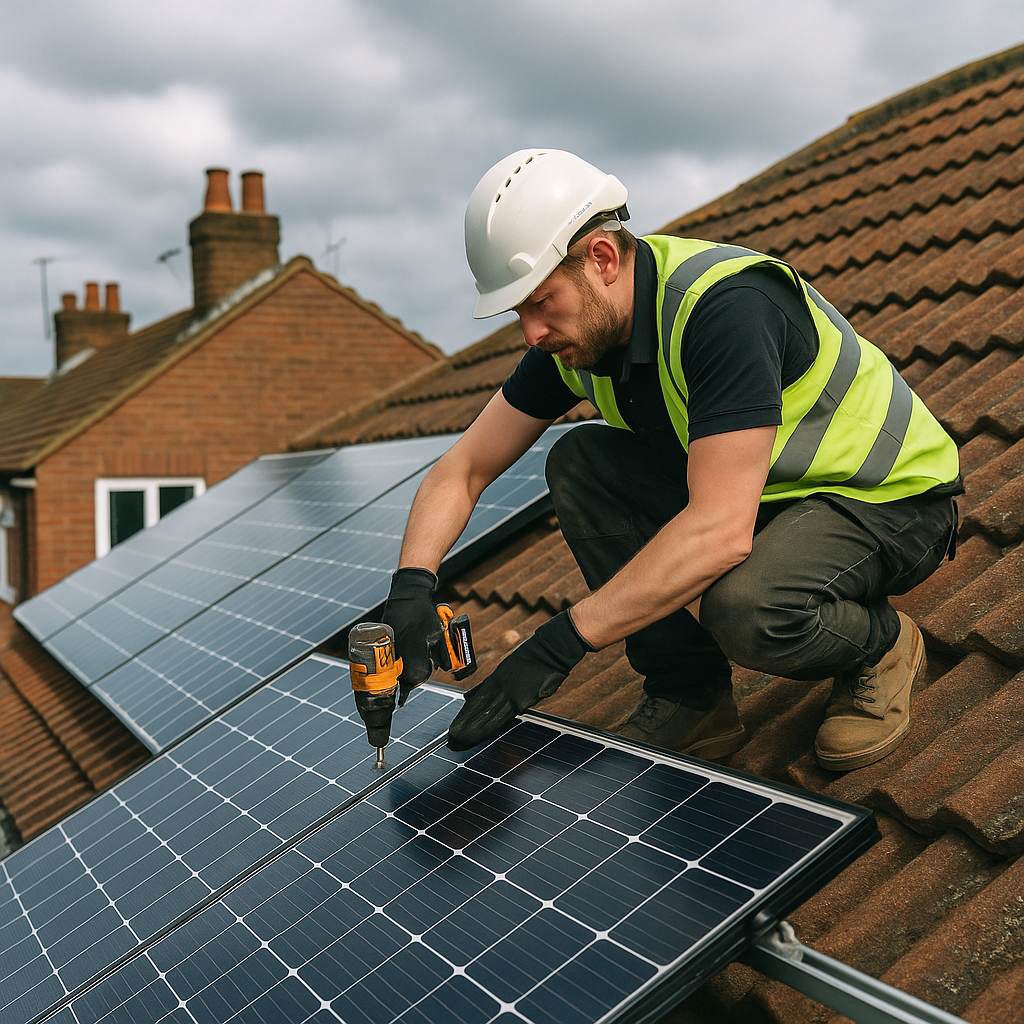 A worker installing solar panels on a residential home in the UK