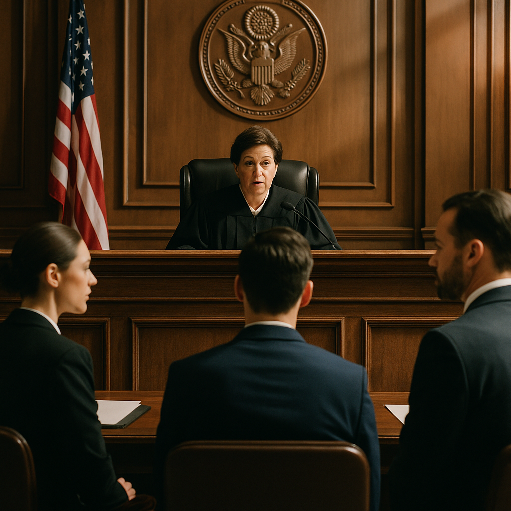 A courtroom scene with a judge delivering a verdict
