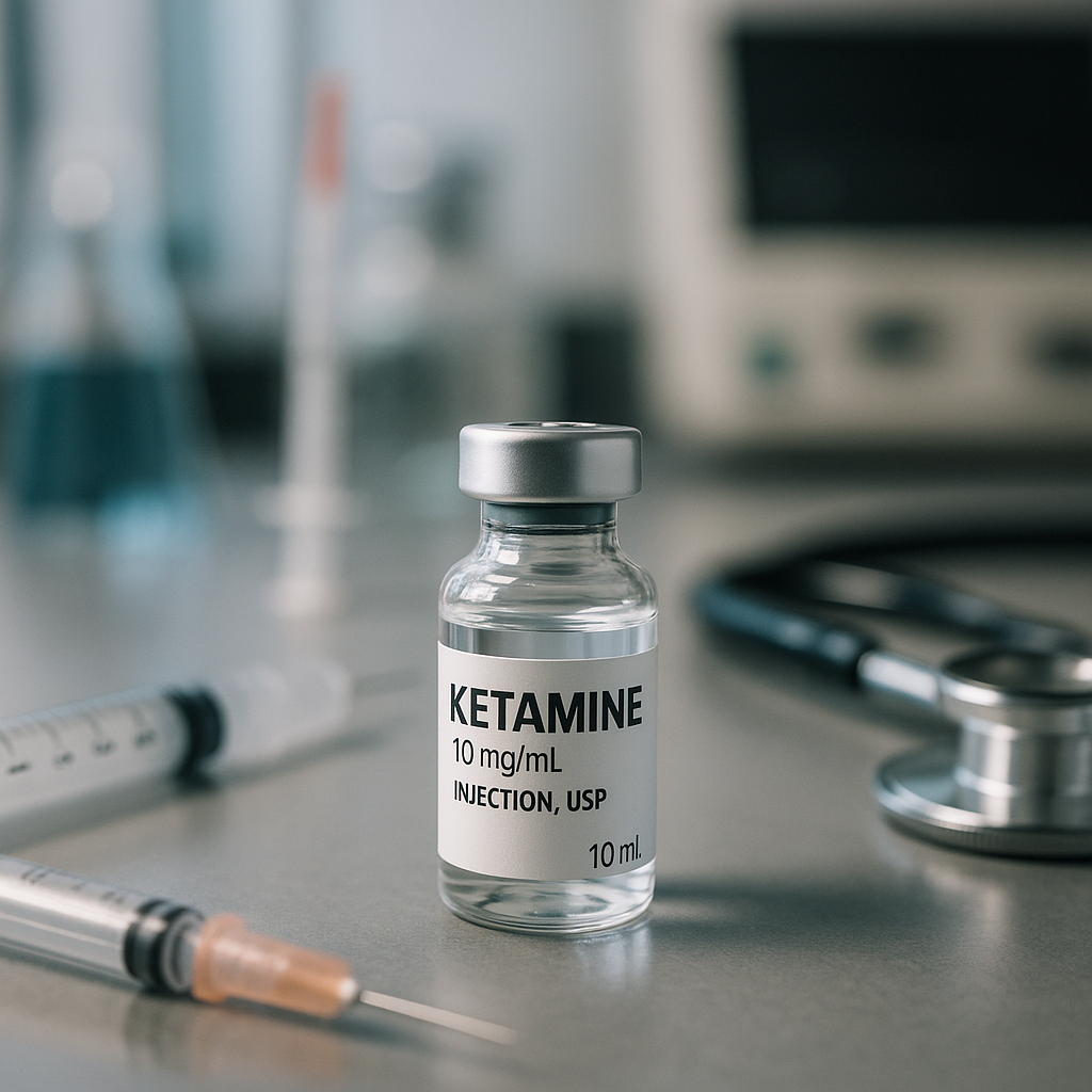 A vial of liquid ketamine sitting on a clinical countertop