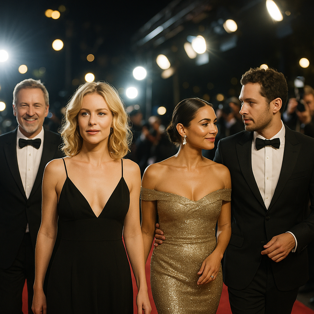 Hollywood stars walking the red carpet under bright lights