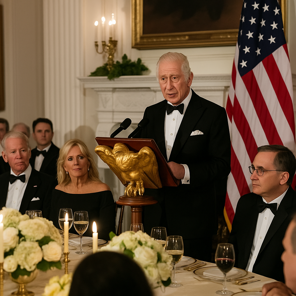King Charles speaking at the White House State Dinner with President Trump seated nearby