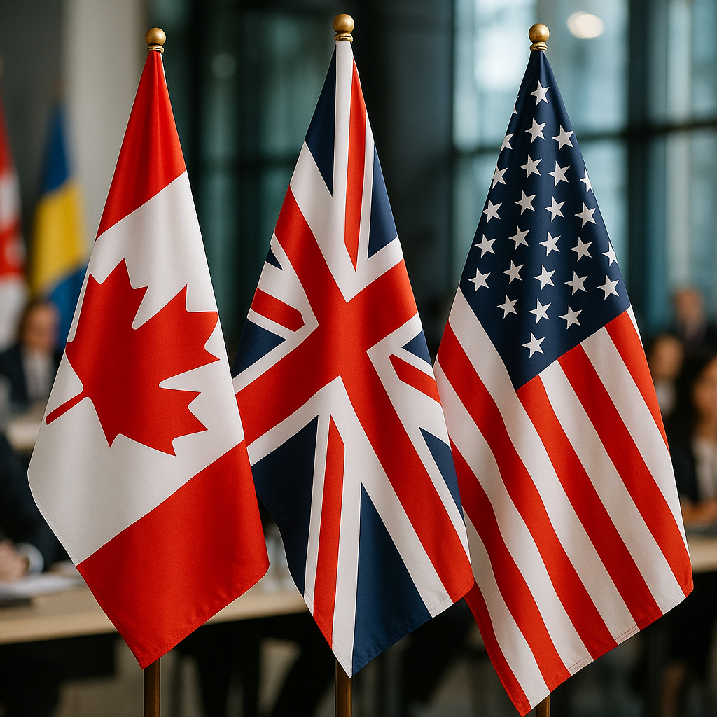 Flags of Canada, the U.K., and the U.S. displayed together at an international event