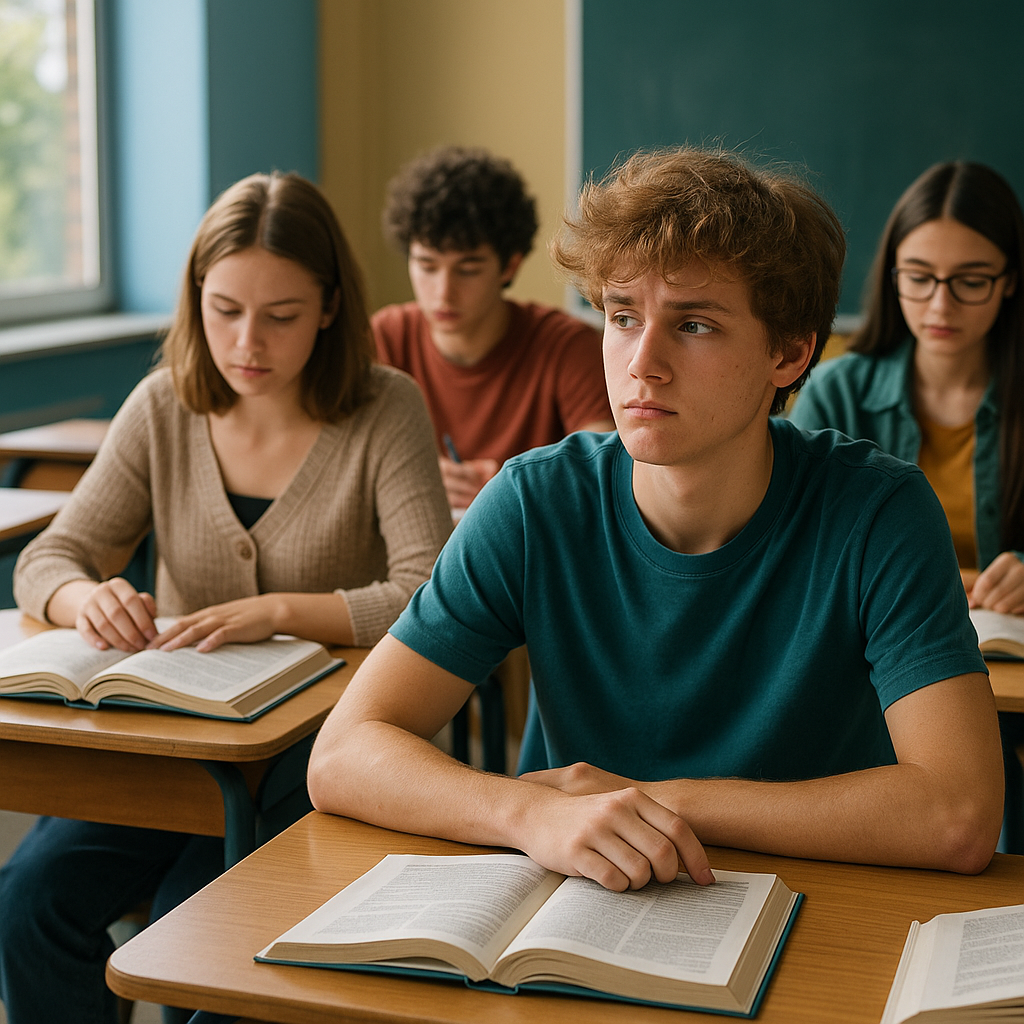 A group of teenagers studying in a classroom, with one student appearing distracted
