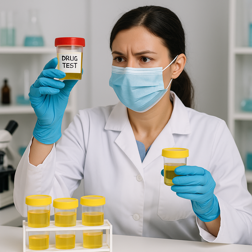 Close-up of a laboratory researcher analyzing urine samples in a test tube