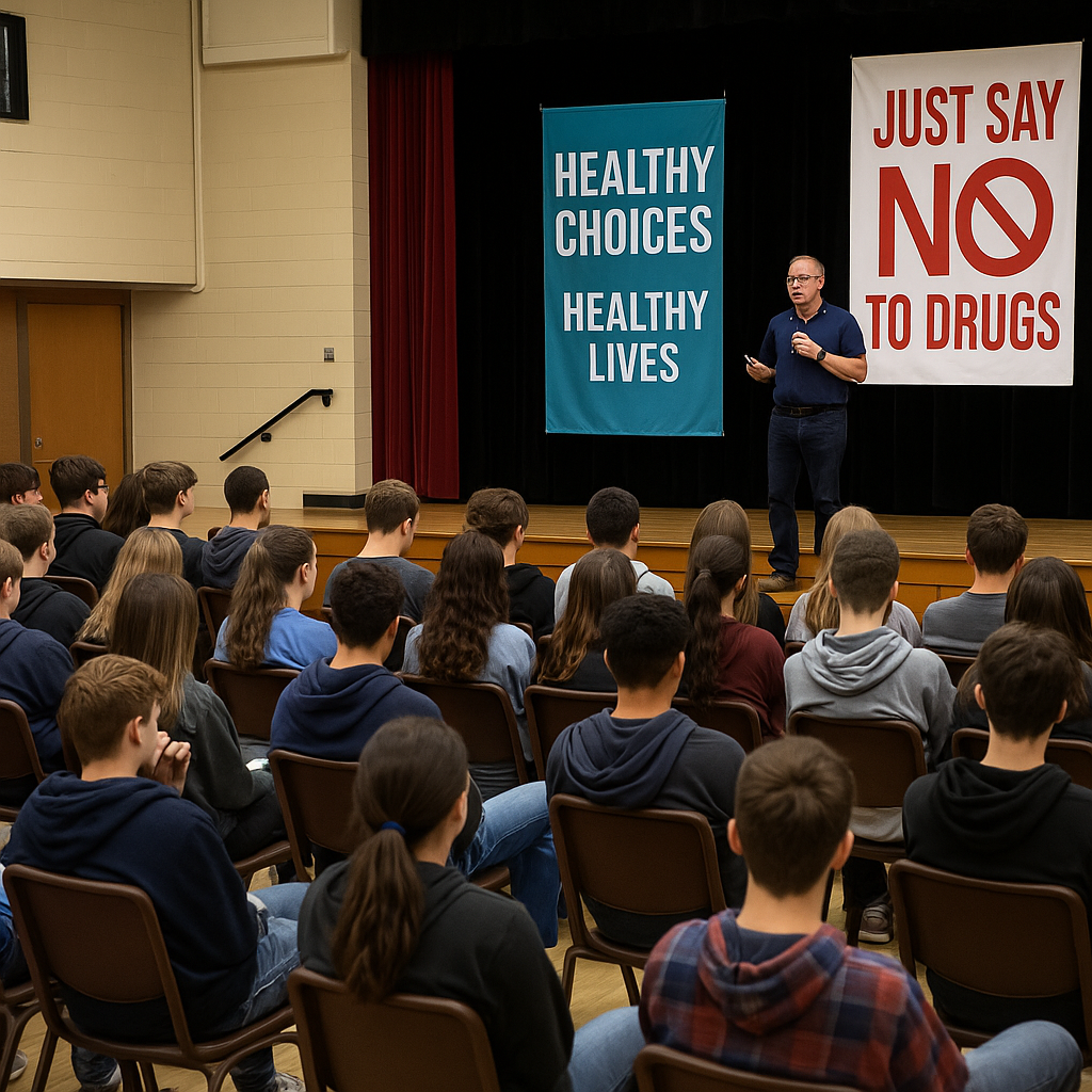 Health advocates giving an anti-drug seminar at a school auditorium