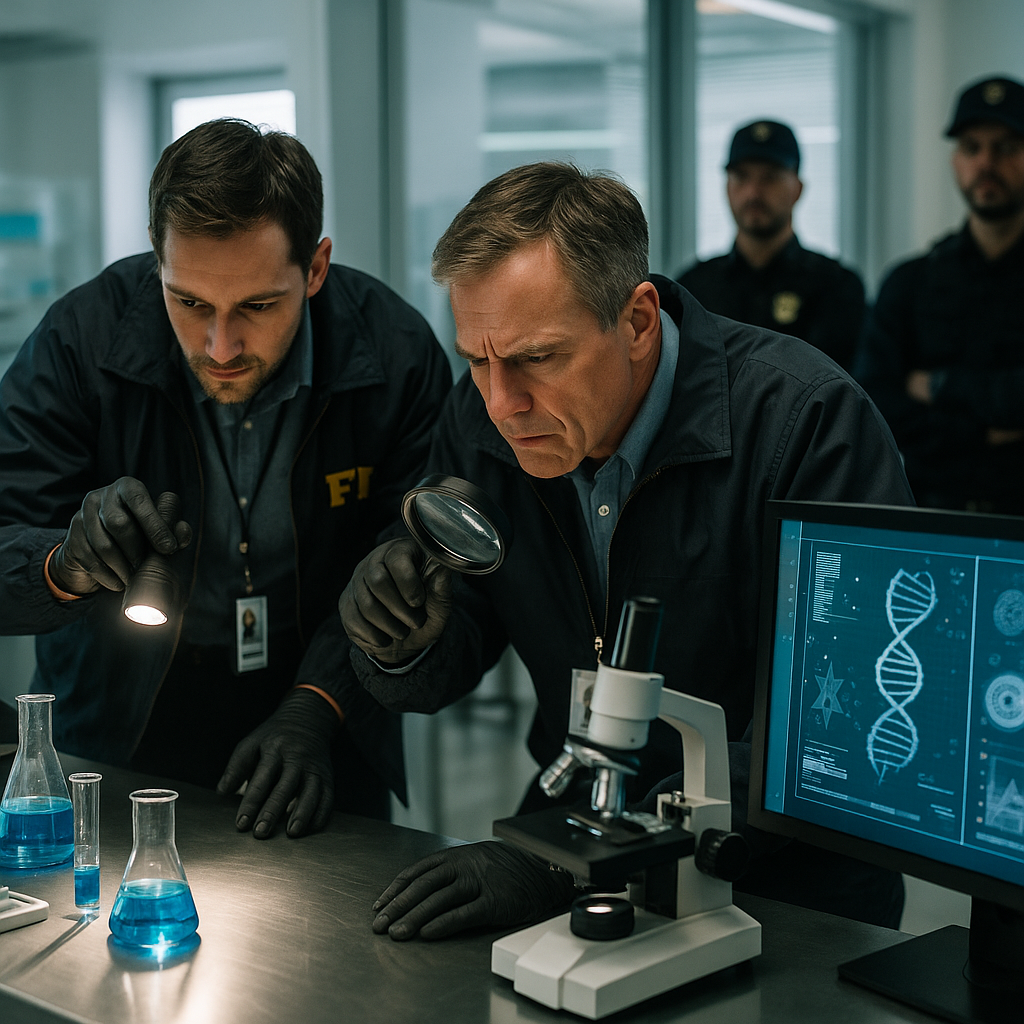 Investigative agents combing through laboratory equipment with digital screens showing scientific diagrams