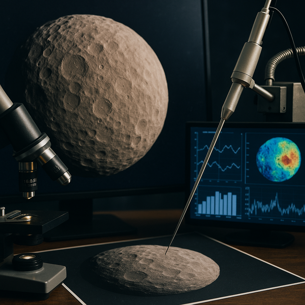 A visualization of the asteroid Ceres with scientific instruments probing its surfaces