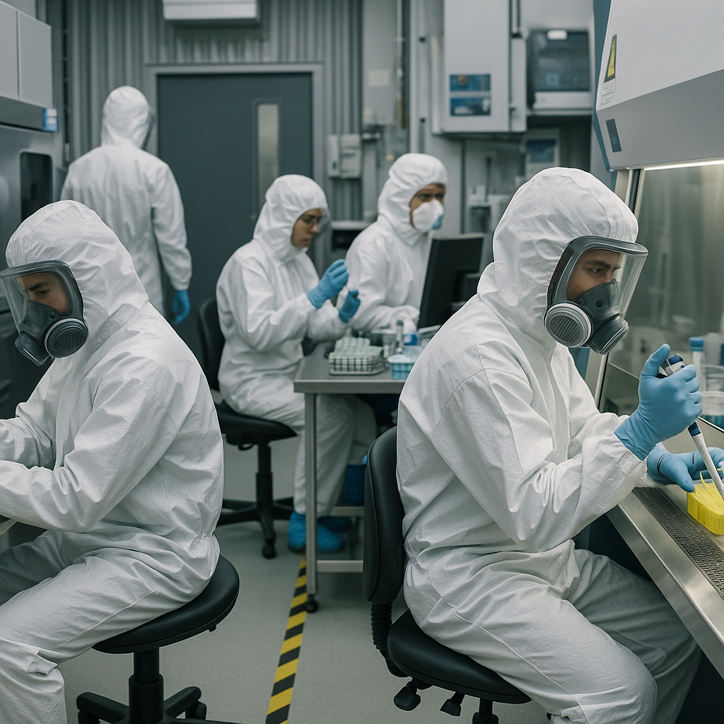 High-security research facility with scientists wearing protective gear working in various labs