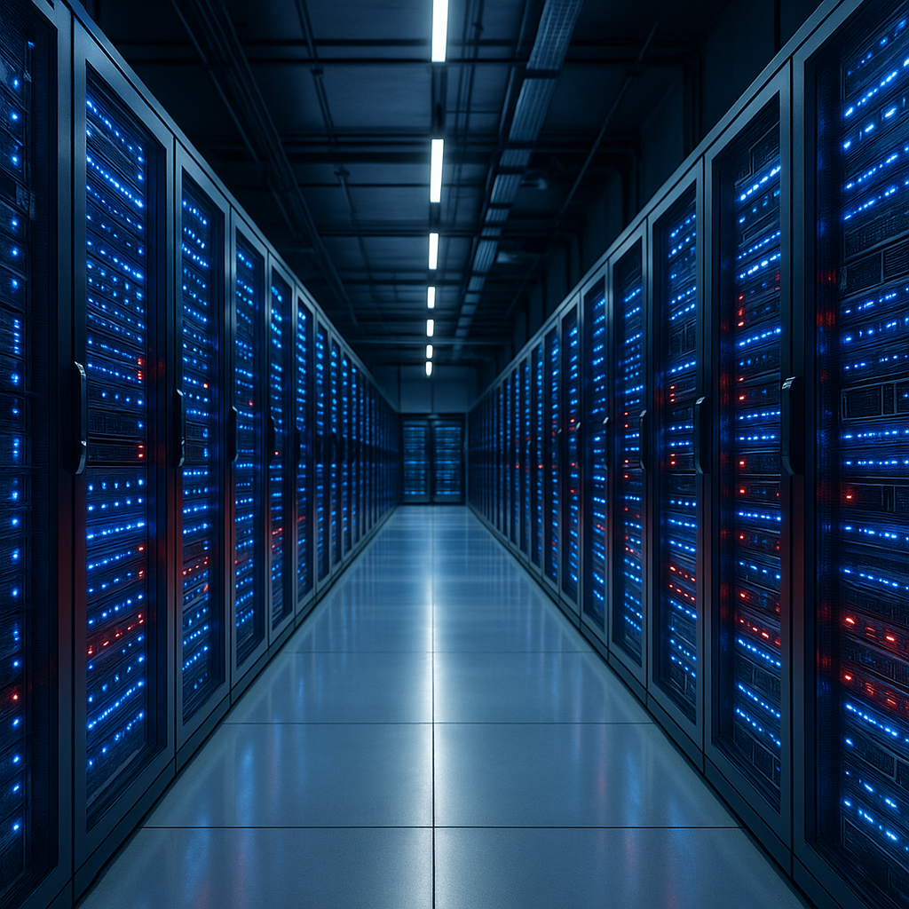 A data center interior with rows of glowing servers