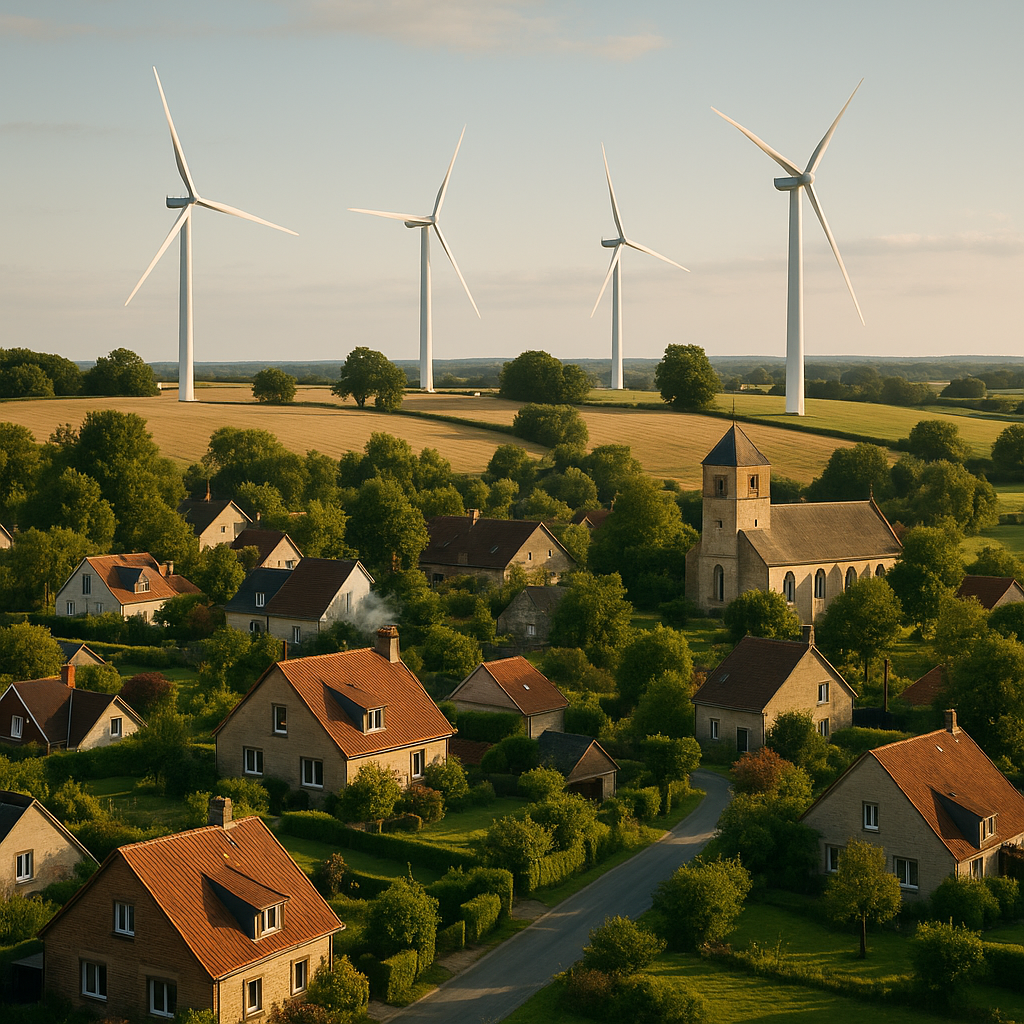 A rural community with wind turbines or eco-friendly signage