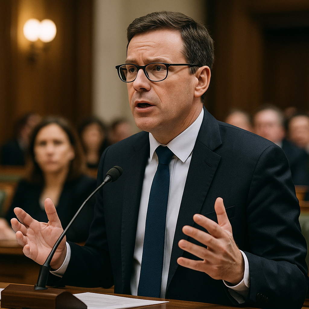 A legislative hearing or policymaker speaking at a podium