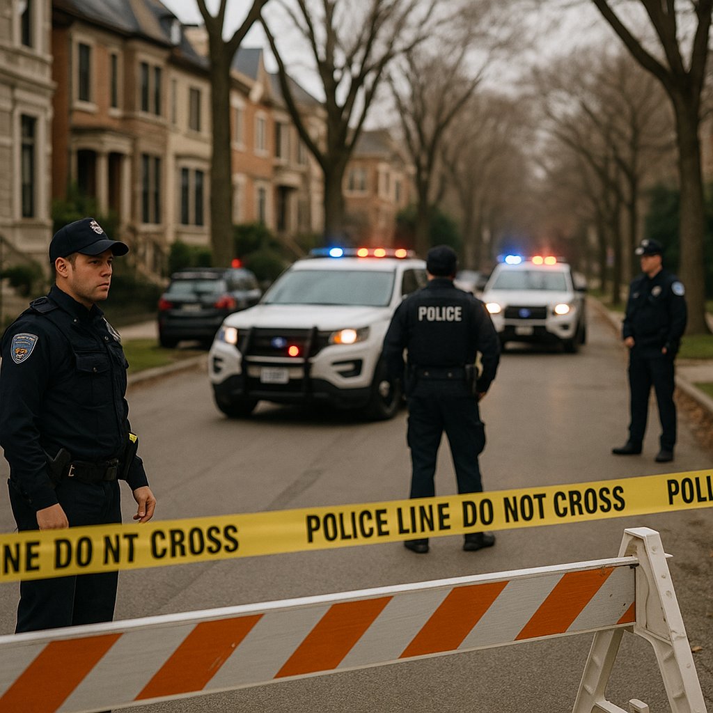 Police officers at a cordoned-off high-end residential street