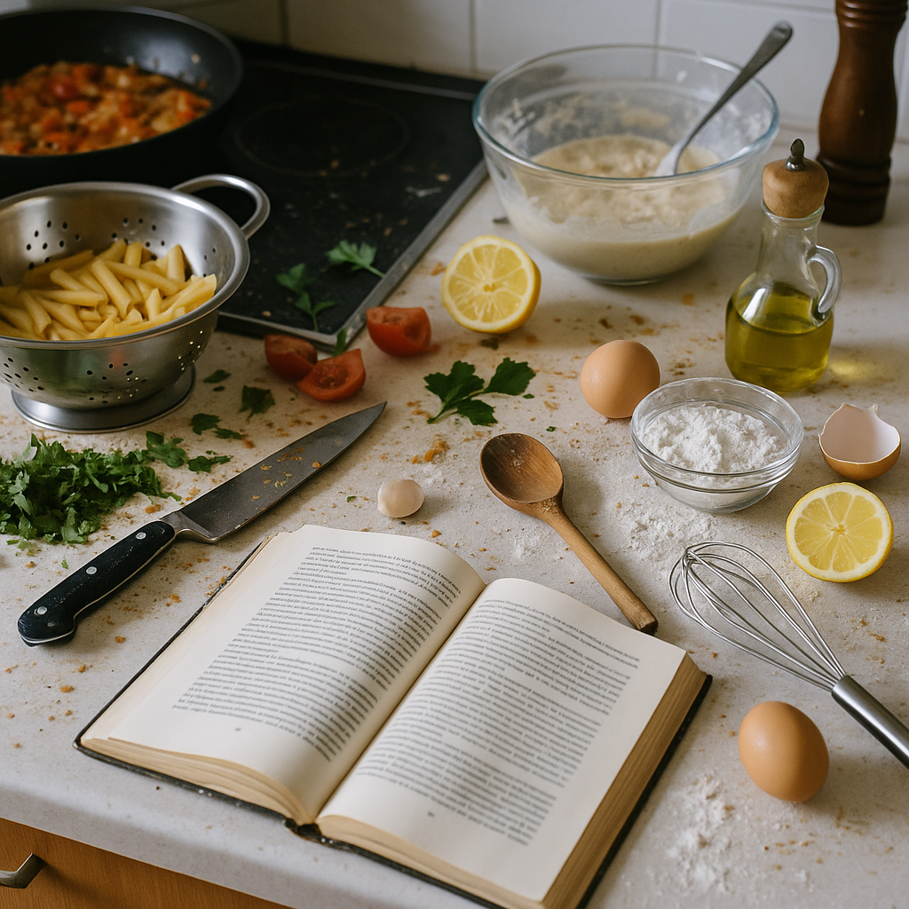 Example of a kitchen counter with spilled ingredients and a recipe book