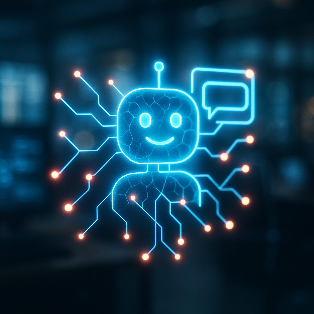 Symbolic depiction of AI or computer-generated data, such as a hologram of neural networks or a chatbot interface