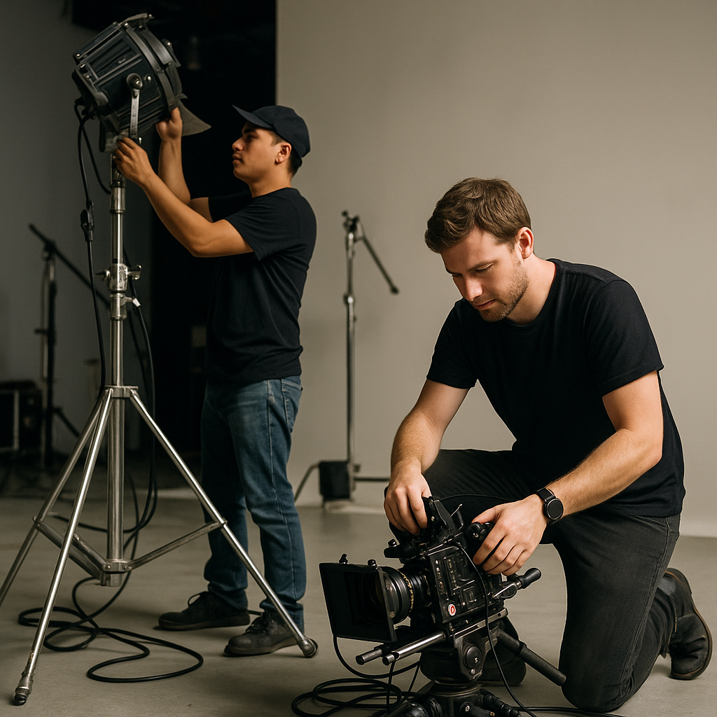 Two workers at a film studio set dismantling equipment