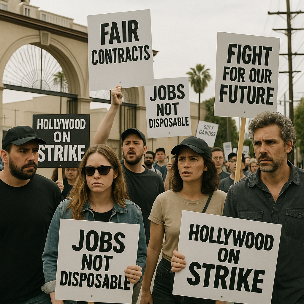 A group of Hollywood workers holding protest signs outside a studio gate
