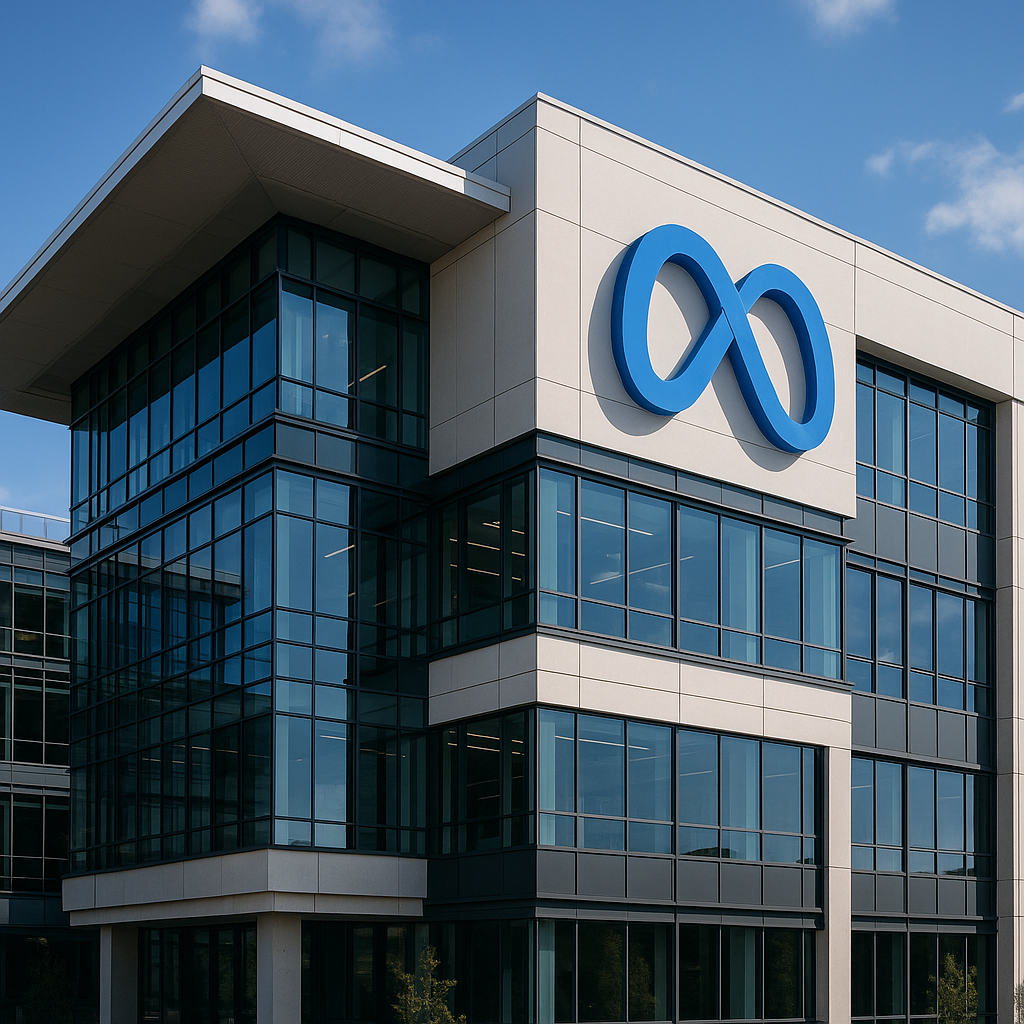 A view of Meta’s headquarters with its logo prominently displayed