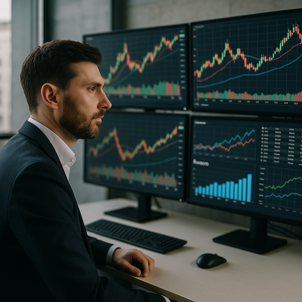 A trader analyzing stock charts on multiple monitors