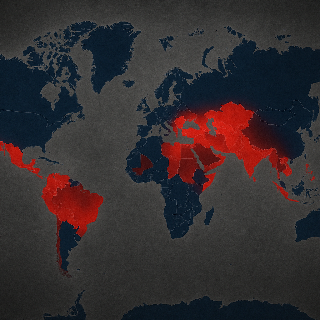 A visual representation of global internet connectivity, with key regions of disruption highlighted