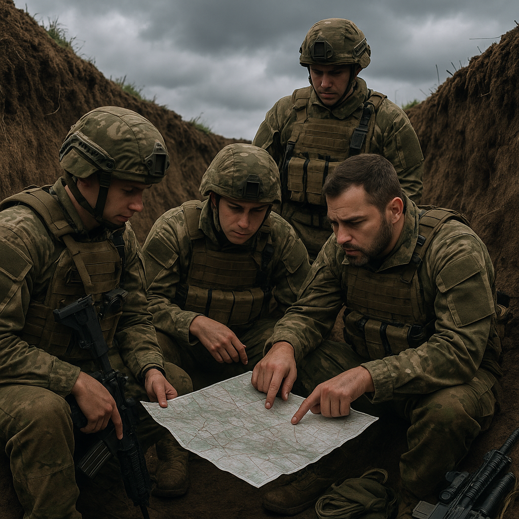 Ukrainian soldiers in a defensive trench while strategizing with maps