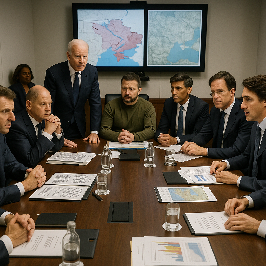 World leaders in a summit discussing Ukrainian aid or a military operation map shown on a monitor