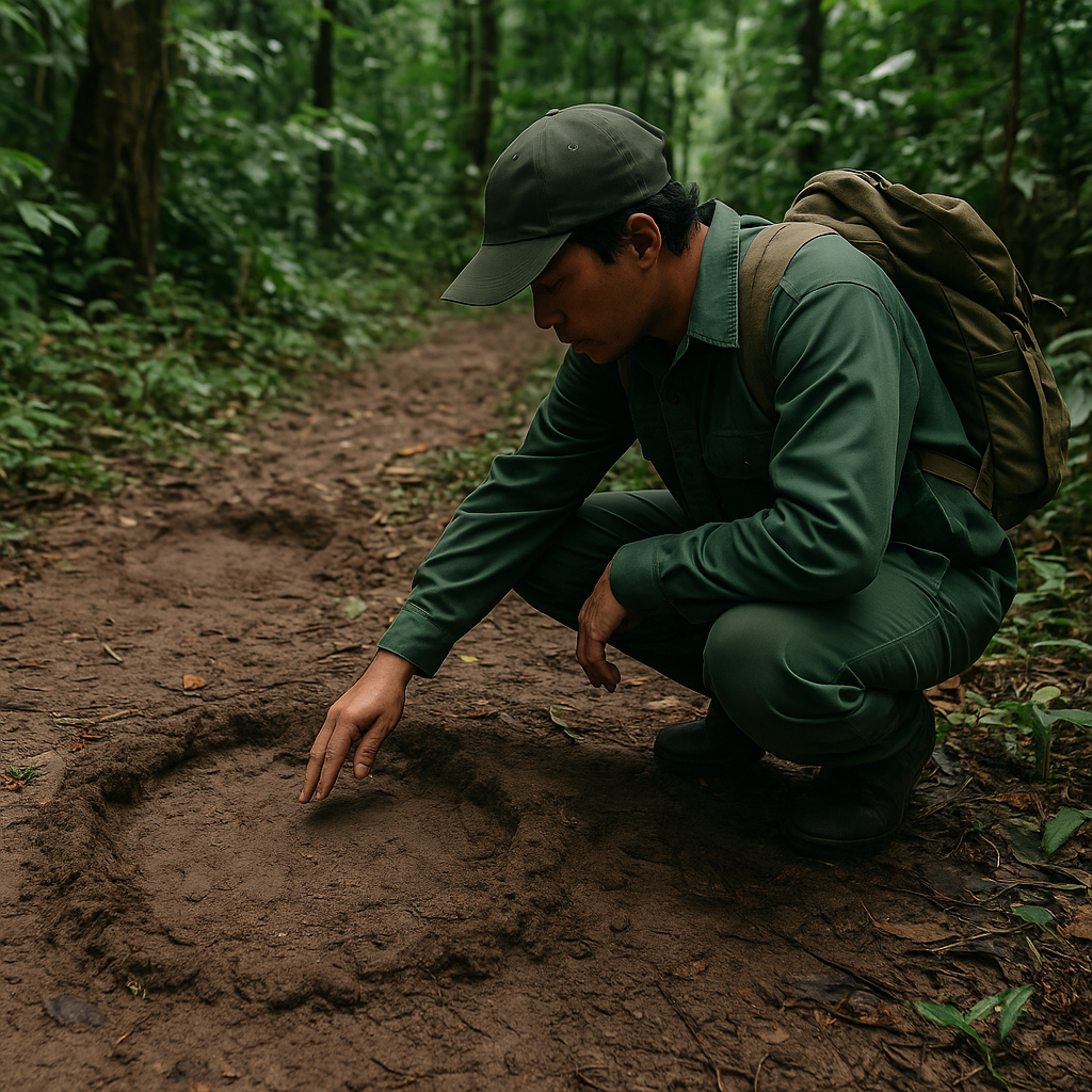 A conservation worker inspecting elephant footprints in a forest