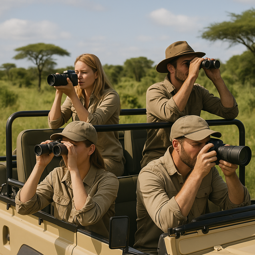 A group of safari tourists photographing wildlife through binoculars, showcasing ecotourism